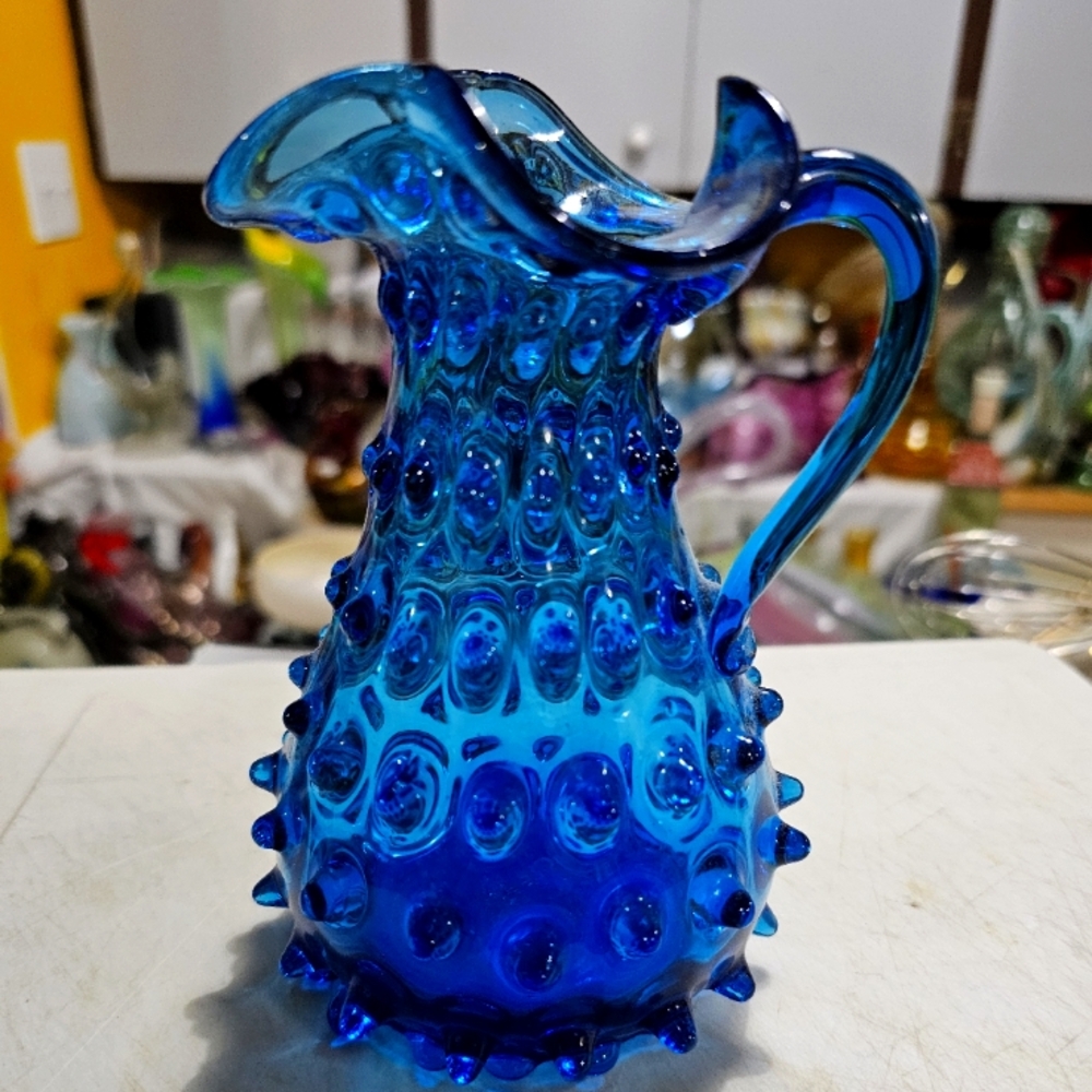 Vintage Hobbs Brockunier Sapphire blue Empoli glass 3 way pour pitcher.